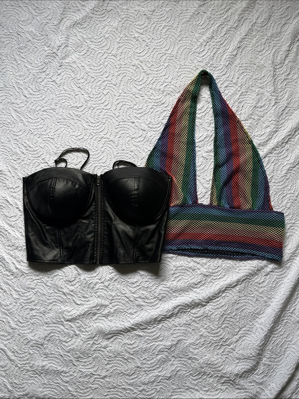 Source Unknown Black Faux Leather Bustier & Rainbow Mesh Halter Set